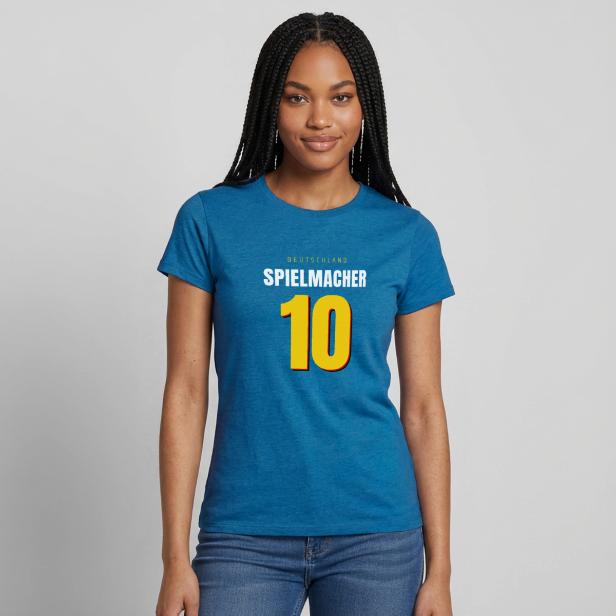 Spielmacher. Trikotnummer-Motiv Motiv-T-Shirt für Frauen, Farbe Antikblaues Saphir meliert, Model