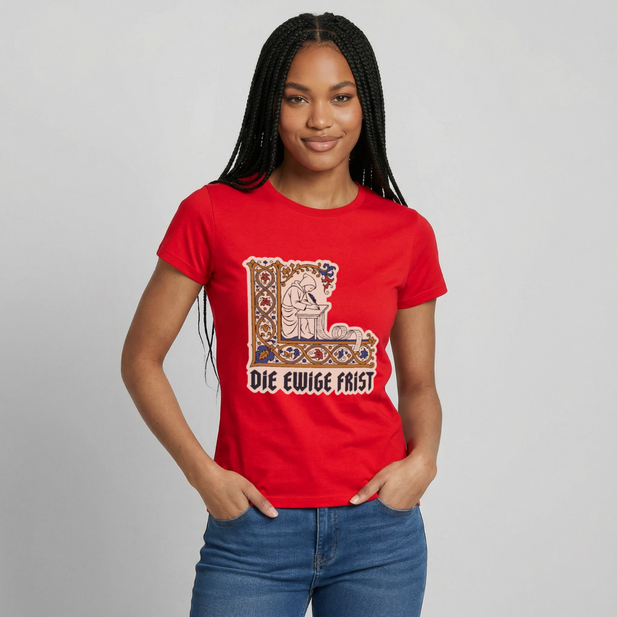 "Die ewige Frist. Buchmalerei-Motiv" Motiv-T-Shirt für Frauen, Farbe Rot