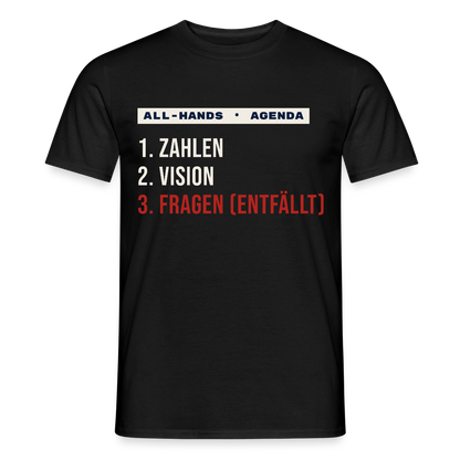 All-Hands-Agenda: 1 Zahlen, 2 Vision, 3 Fragen (entfällt) Motiv-T-Shirt für Männer, Farbe Schwarz