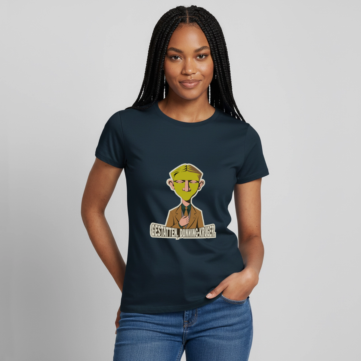 Gestatten, Dunning-Kruger. Neue-Sachlichkeit-Motiv Motiv-T-Shirt für Frauen, Farbe Navy, Model