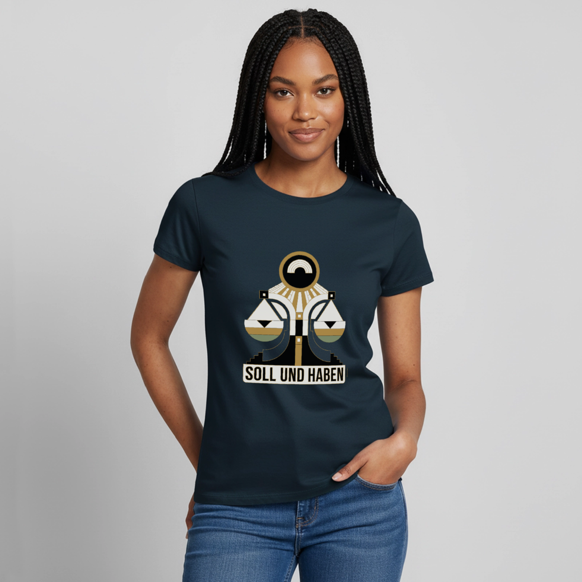 "Soll und Haben. Art-déco-Motiv" Motiv-T-Shirt für Frauen, Farbe Navy