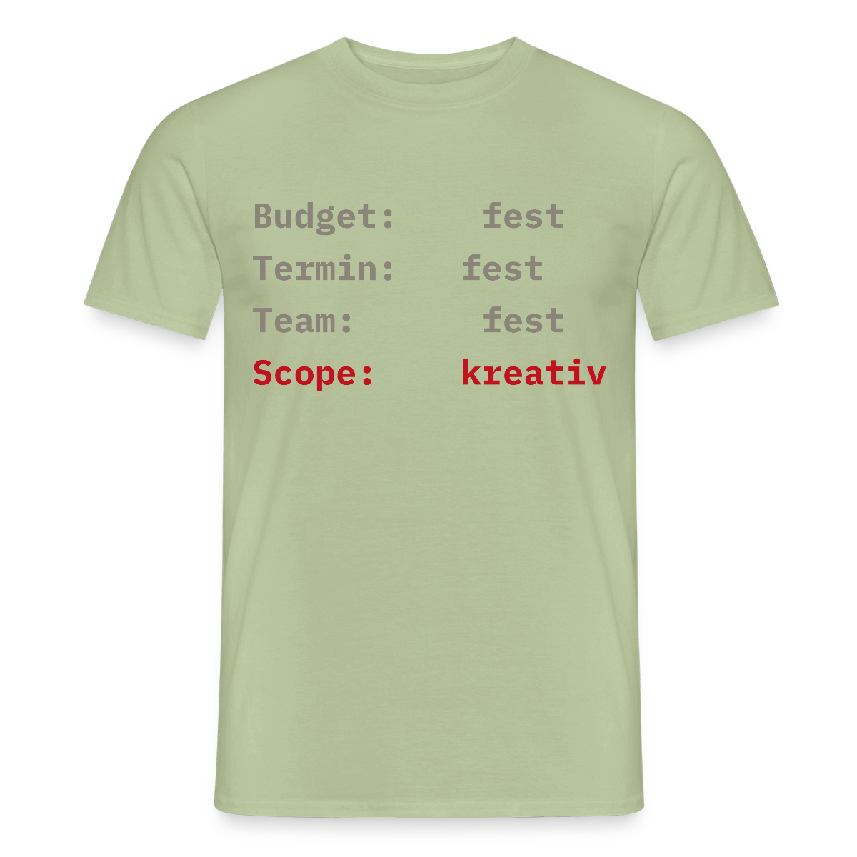 Budget: fest. Termin: fest. Team: fest. Scope: kreativ. Motiv-T-Shirt für Männer, Farbe Sage