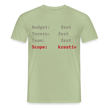 Budget: fest. Termin: fest. Team: fest. Scope: kreativ. Motiv-T-Shirt für Männer, Farbe Sage