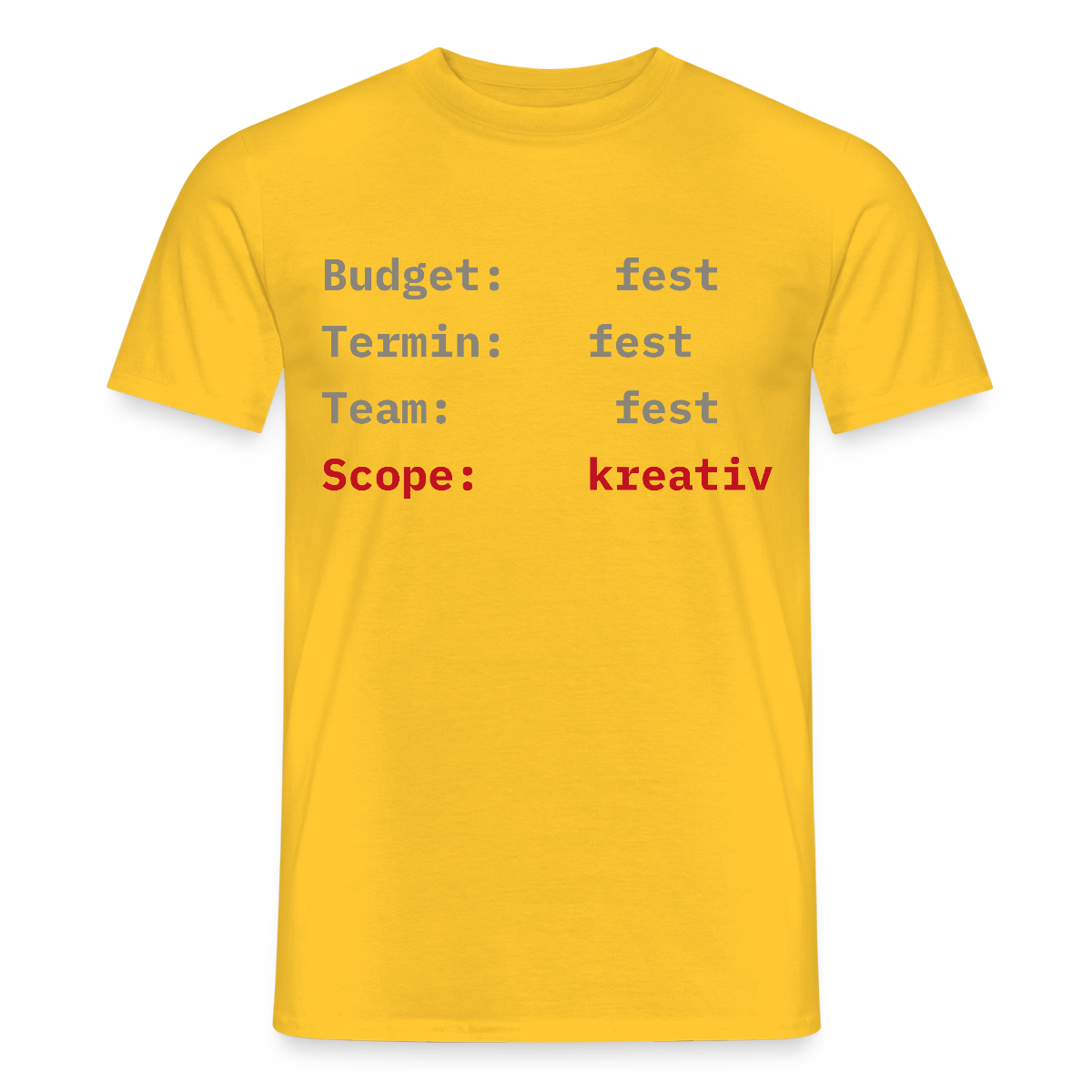 Budget: fest. Termin: fest. Team: fest. Scope: kreativ. Motiv-T-Shirt für Männer, Farbe Gelb