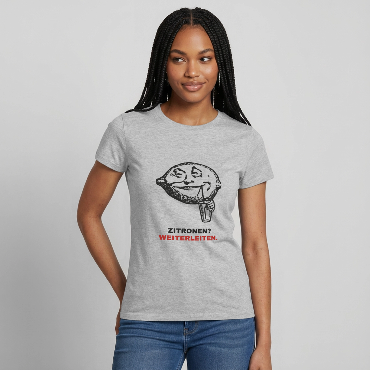 Zitronen? Weiterleiten. Motiv-T-Shirt für Frauen, Farbe Grau meliert, Model