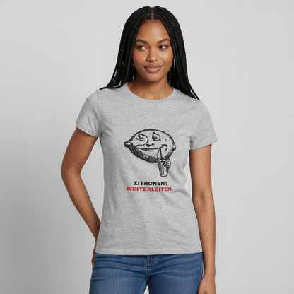 Zitronen? Weiterleiten. Motiv-T-Shirt für Frauen, Farbe Grau meliert, Model