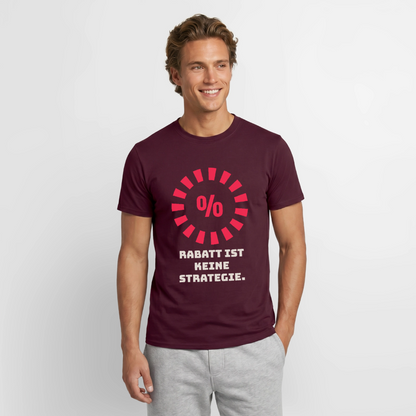 "Rabatt ist keine Strategie." Motiv-T-Shirt für Männer, Farbe Ziegelrot