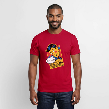 "ETA? Läuft! Popart-Motiv" Motiv-T-Shirt für Männer, Farbe Rot