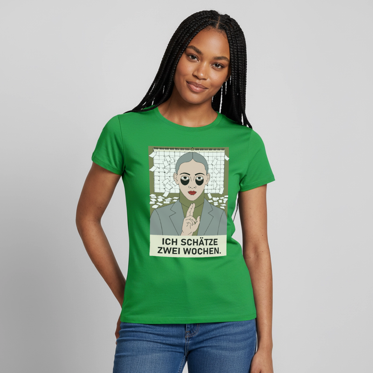 Ich schätze zwei Wochen. Porträt-Motiv Motiv-T-Shirt für Frauen, Farbe Kelly Green, Model