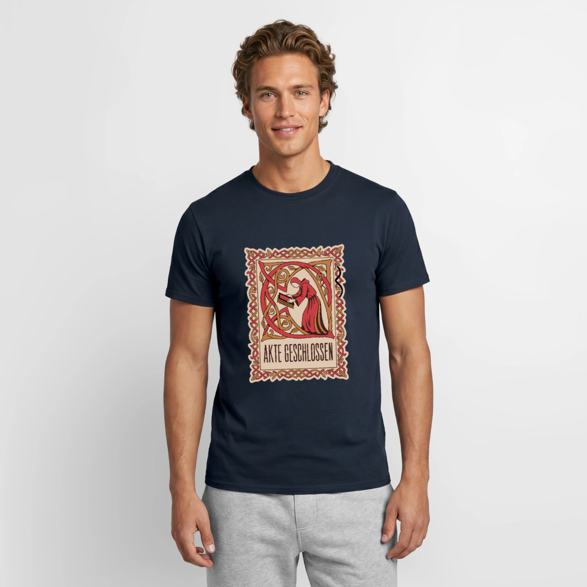 Akte geschlossen. Buchmalerei-Motiv Motiv-T-Shirt für Männer, Farbe Navy, Model