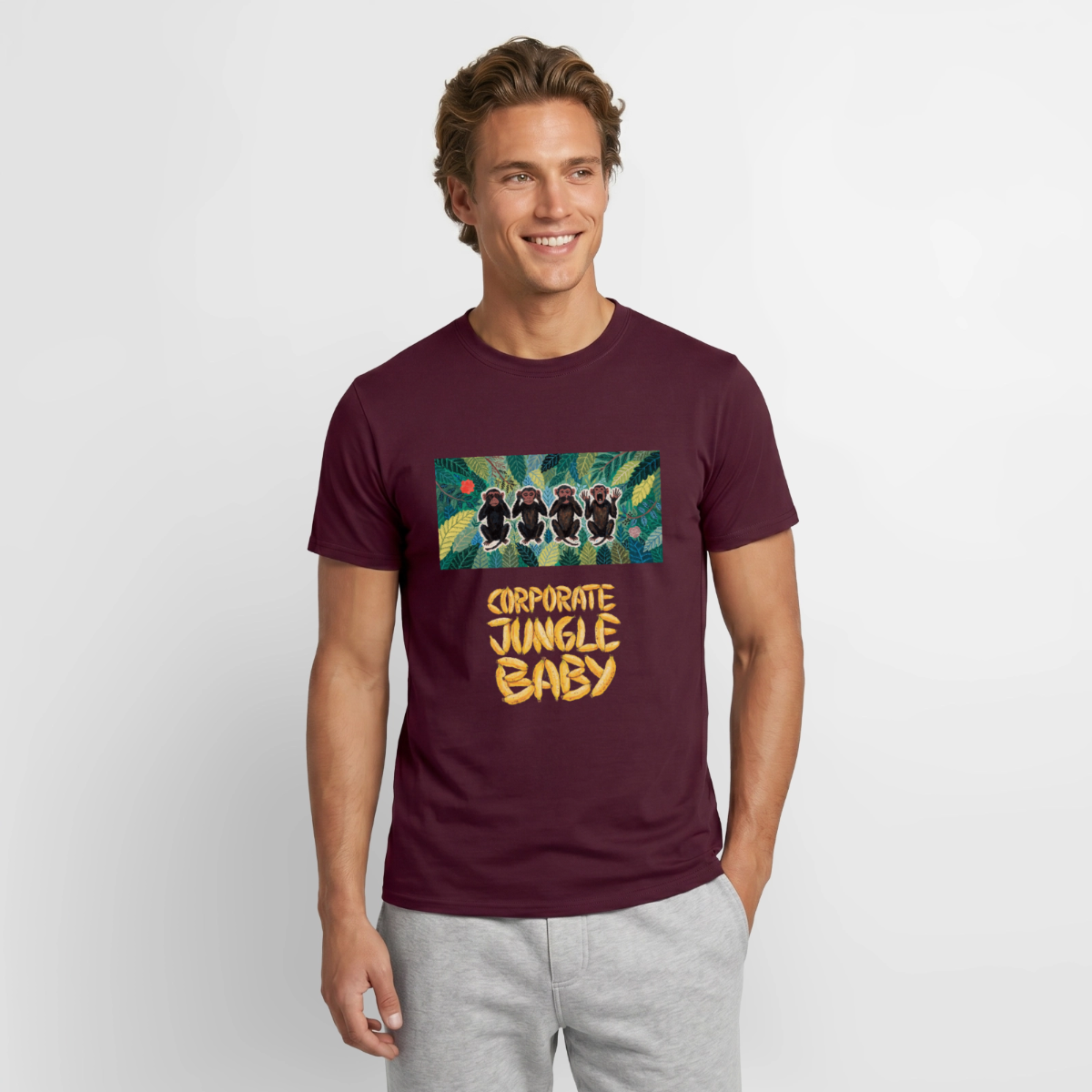 Corporate Jungle, Baby! Motiv-T-Shirt für Männer, Farbe Ziegelrot, Model
