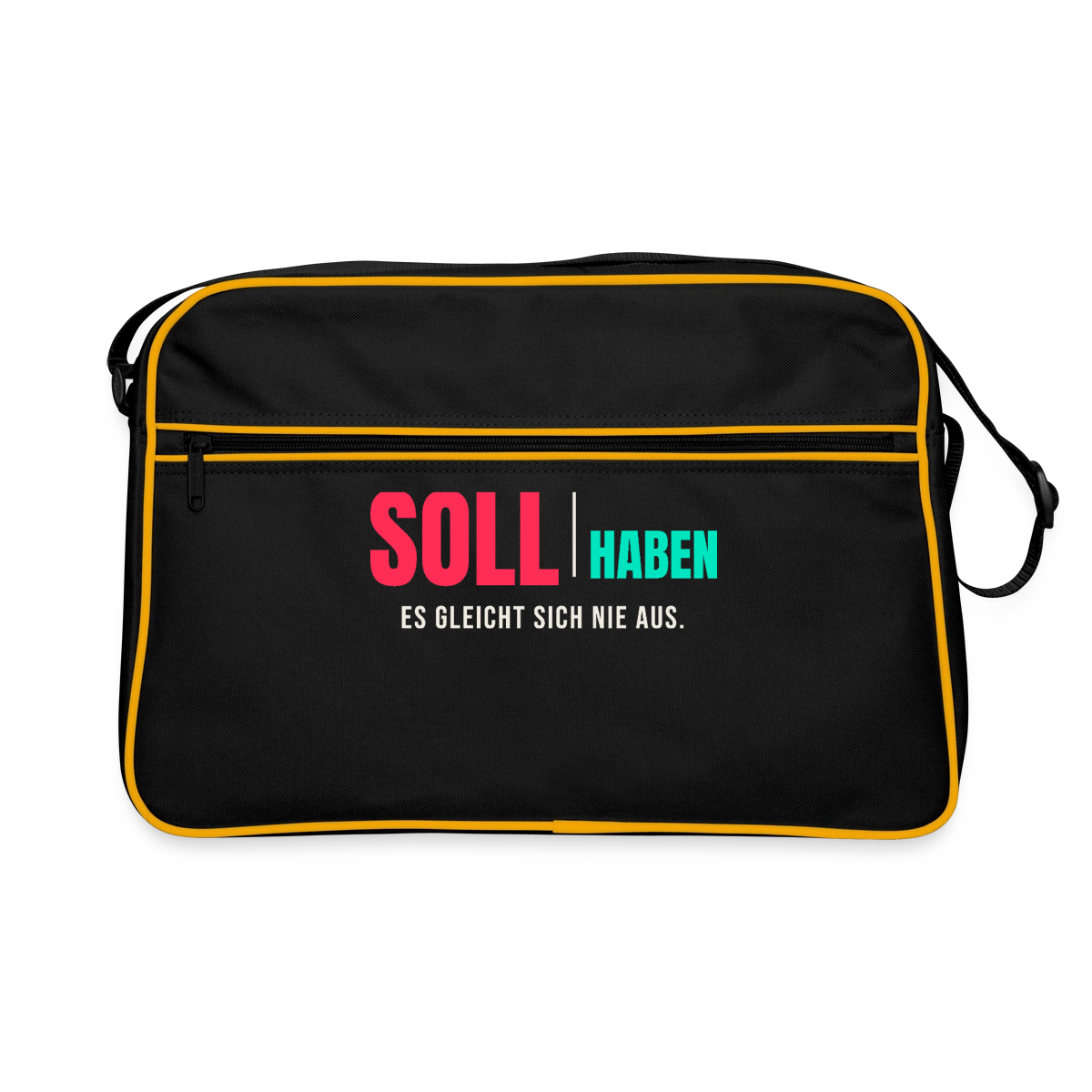 "Soll und Haben. Es gleicht sich nie aus." Motiv-Retro-Tasche, Farbe Schwarz/Gold