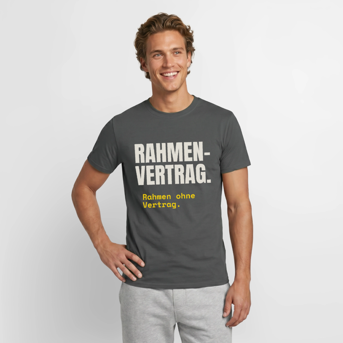 "Rahmenvertrag. Rahmen ohne Vertrag." Motiv-T-Shirt für Männer, Farbe Anthrazit