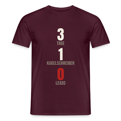 3 Tage. 1 Kugelschreiber. 0 Leads. Motiv-T-Shirt für Männer, Farbe Ziegelrot