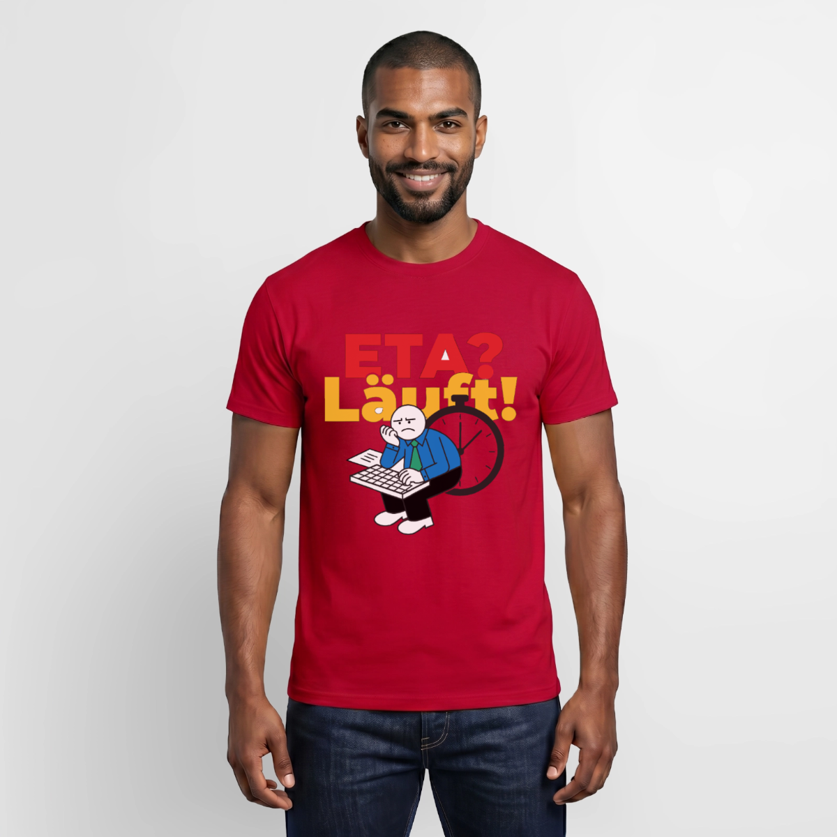 "ETA? Läuft! Strichfiguren-Motiv" Motiv-T-Shirt für Männer, Farbe Rot