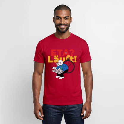 "ETA? Läuft! Strichfiguren-Motiv" Motiv-T-Shirt für Männer, Farbe Rot