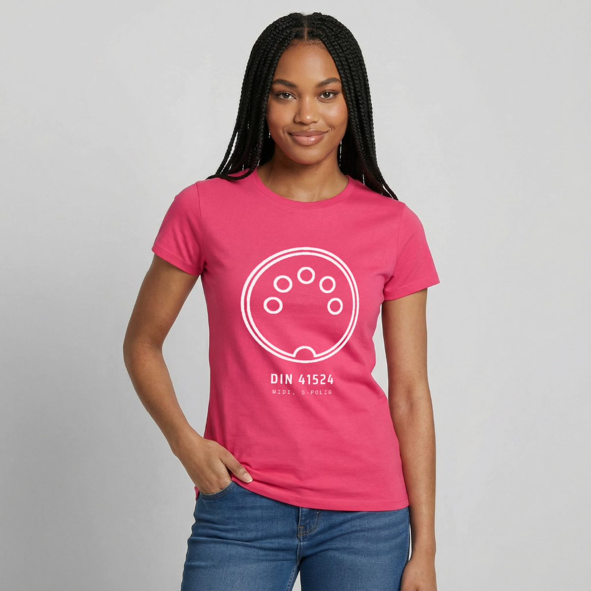 "DIN 41524, MIDI 5-polig" Motiv-T-Shirt für Frauen, Farbe Azalea