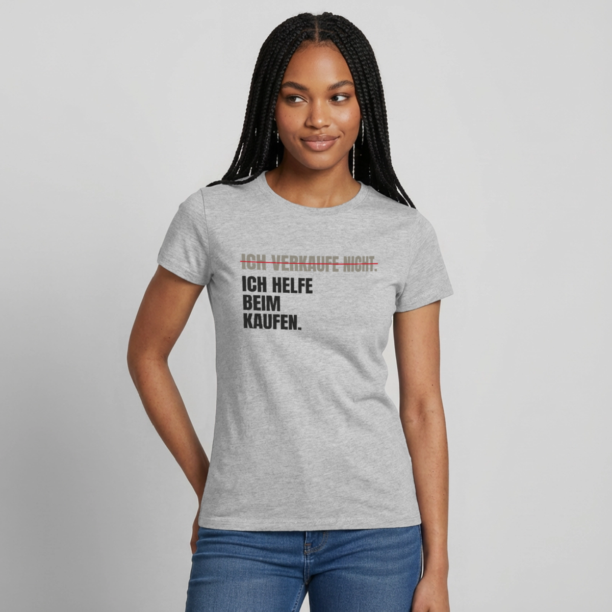 Ich verkaufe nicht. Ich helfe beim Kaufen. Motiv-T-Shirt für Frauen, Farbe Grau meliert, Model