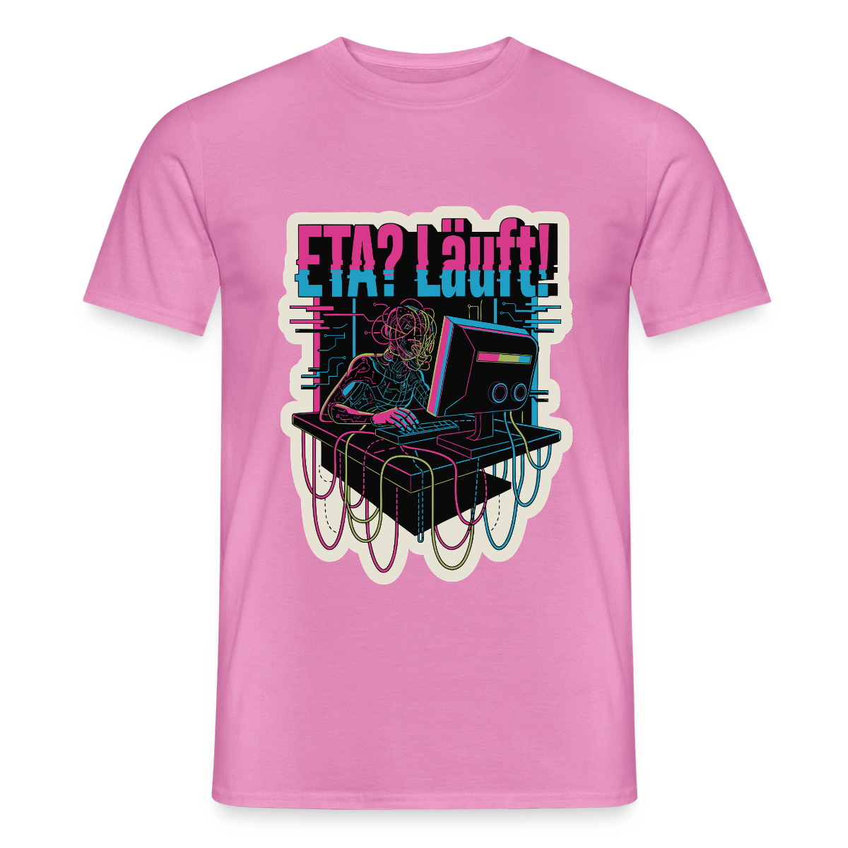 "ETA? Läuft! Cyberpunk-Motiv" Motiv-T-Shirt für Männer, Farbe Pink