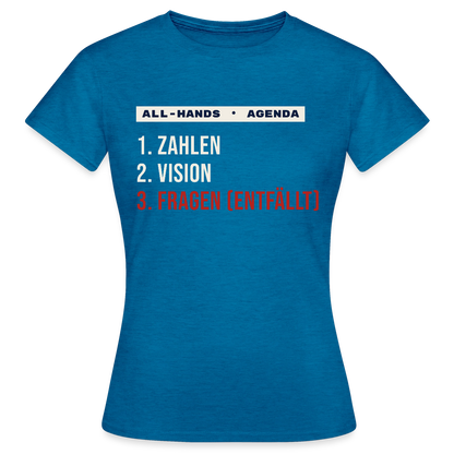 All-Hands-Agenda: 1 Zahlen, 2 Vision, 3 Fragen (entfällt) Motiv-T-Shirt für Frauen, Farbe Antikblaues Saphir meliert
