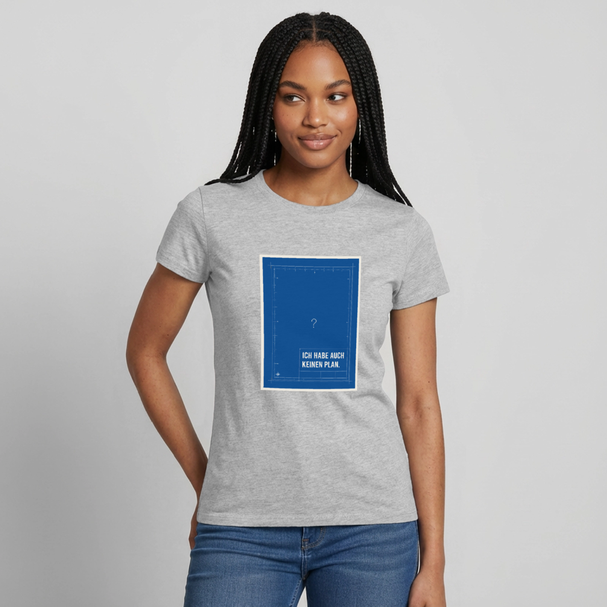 Ich habe auch keinen Plan. Motiv-T-Shirt für Frauen, Farbe Grau meliert, Model