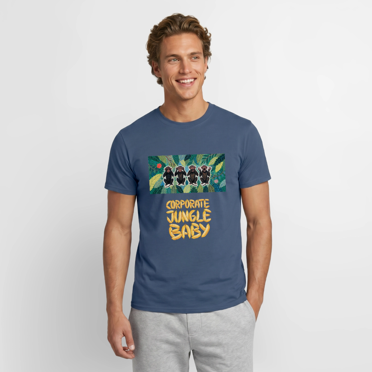 Corporate Jungle, Baby! Motiv-T-Shirt für Männer, Farbe Dunkles Denimblau, Model