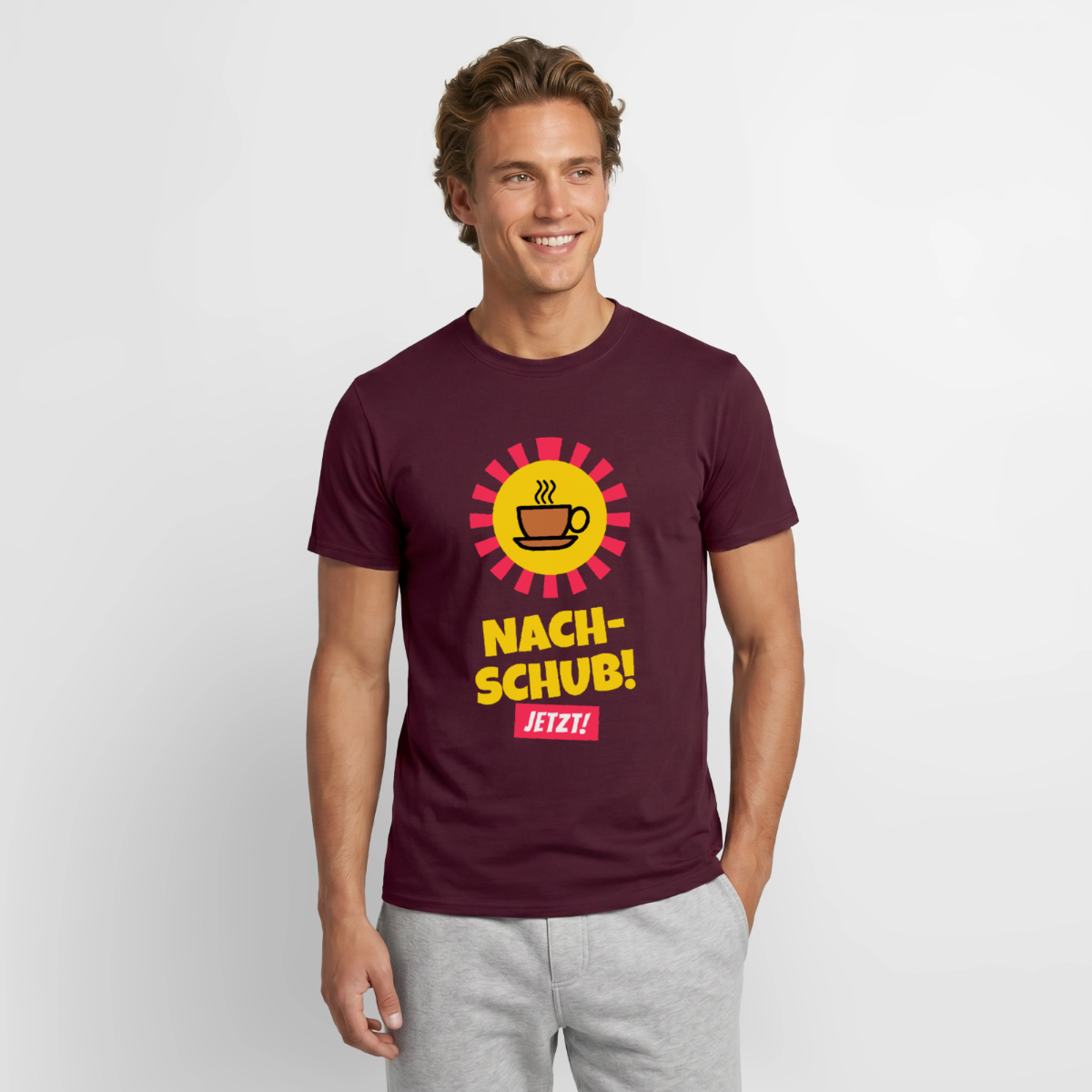 "Nachschub! Jetzt!" Motiv-T-Shirt für Männer, Farbe Ziegelrot