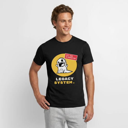 "Legacy System. Seit 1998 in Produktion." Motiv-T-Shirt für Männer, Farbe Schwarz, Model
