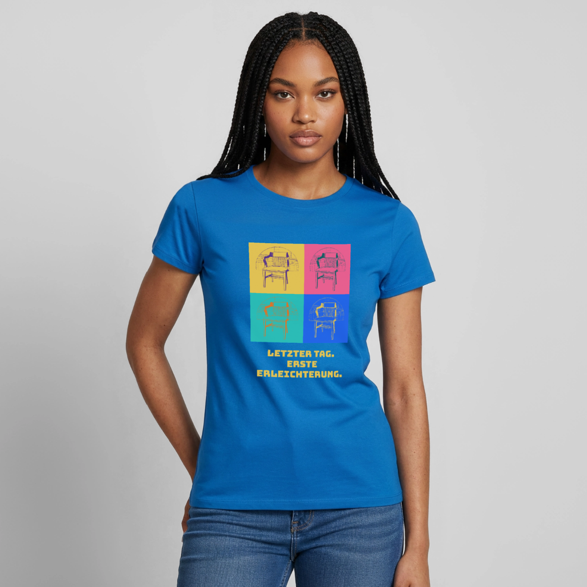 "Letzter Tag. Erste Erleichterung. Popart-Motiv" Motiv-T-Shirt für Frauen, Farbe Royalblau
