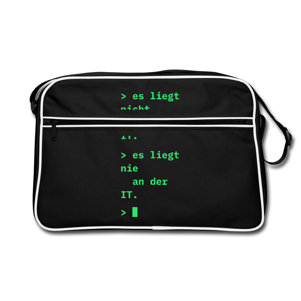 "Es liegt nicht an der IT. Es liegt nie an der IT." Motiv-Retro-Tasche, Farbe Schwarz/Weiß