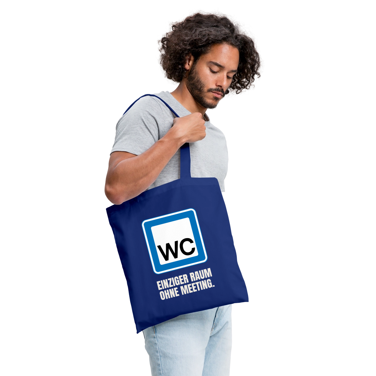 "WC: einziger Raum ohne Meeting." Stoffbeutel, Farbe Royalblau