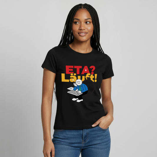 "ETA? Läuft! Strichfiguren-Motiv" Motiv-T-Shirt für Frauen, Farbe Schwarz, Model