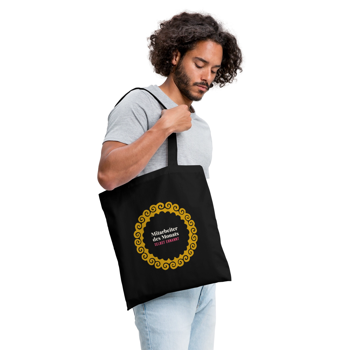 "Mitarbeiter des Monats, selbst ernannt. Gold-Motiv" Stoffbeutel, Farbe Schwarz