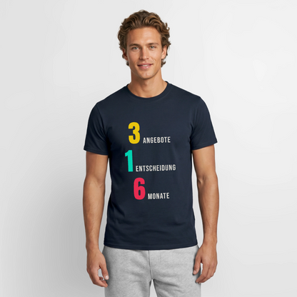 "3 Angebote. 1 Entscheidung. 6 Monate." Motiv-T-Shirt für Männer, Farbe Navy