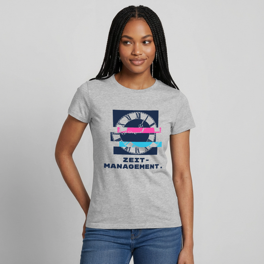 Zeitmanagement. Glitch-Motiv Motiv-T-Shirt für Frauen, Farbe Grau meliert, Model