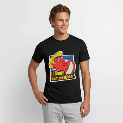 "In Rente. Nicht erreichbar. Popart-Motiv" Motiv-T-Shirt für Männer, Farbe Schwarz, Model