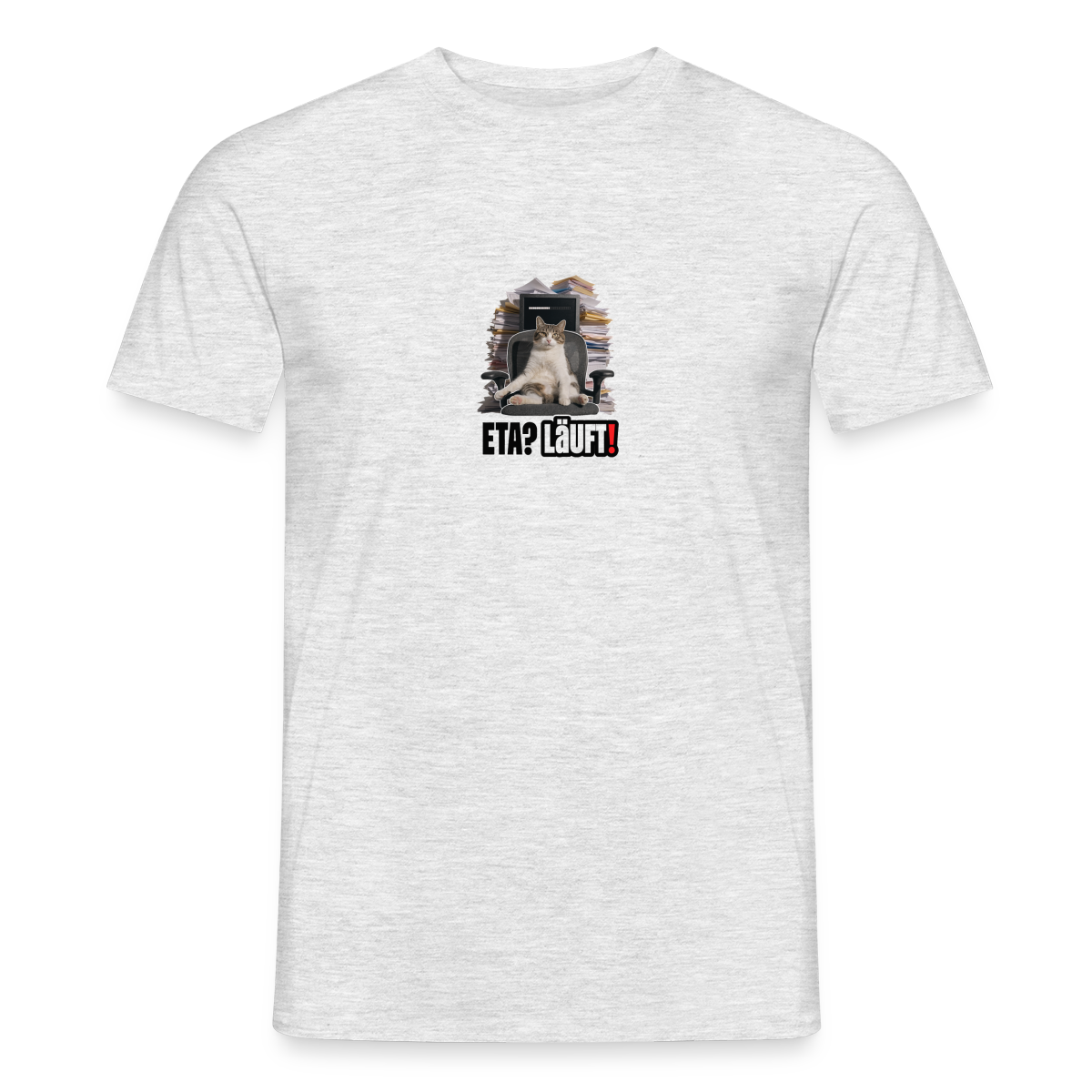 ETA? Läuft! Bürokatzen-Motiv Motiv-T-Shirt für Männer, Farbe Grau meliert, Model