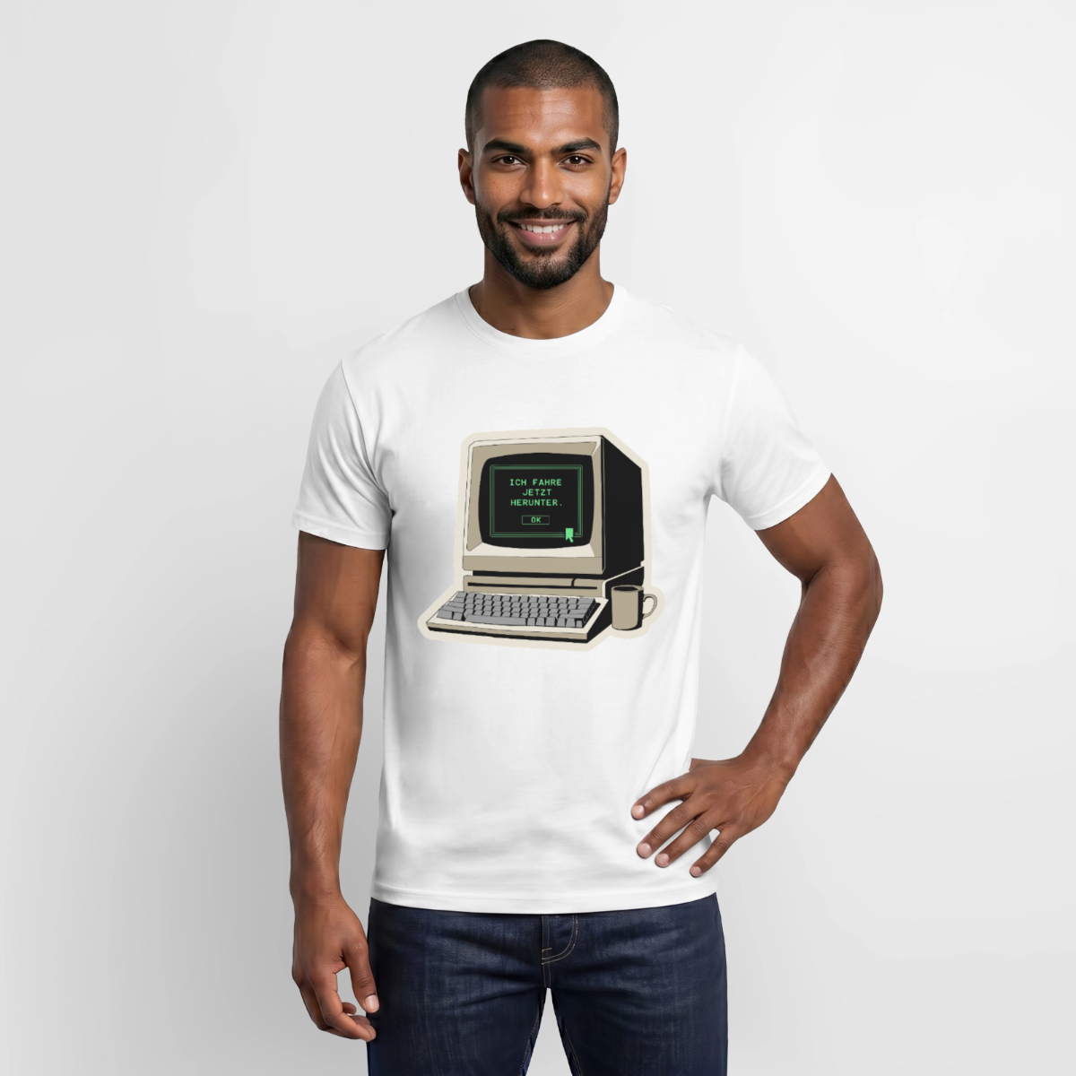 Ich fahre jetzt herunter. Motiv-T-Shirt für Männer, Farbe Weiß, Model