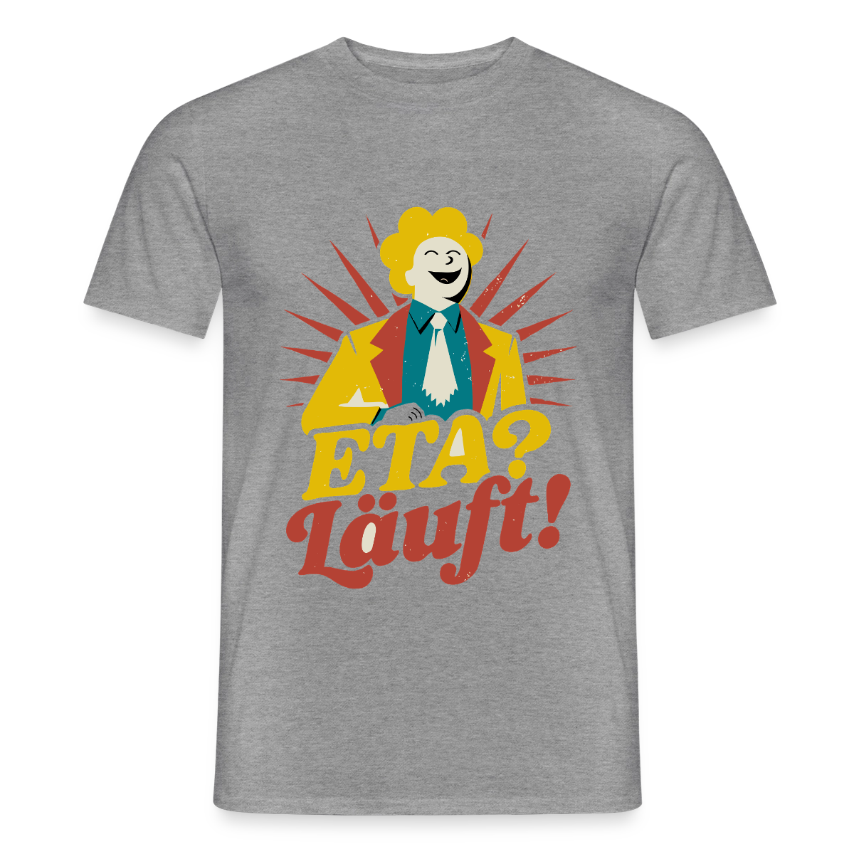 "ETA? Läuft! Midcentury-Motiv" Motiv-T-Shirt für Männer, Farbe Graphit meliert