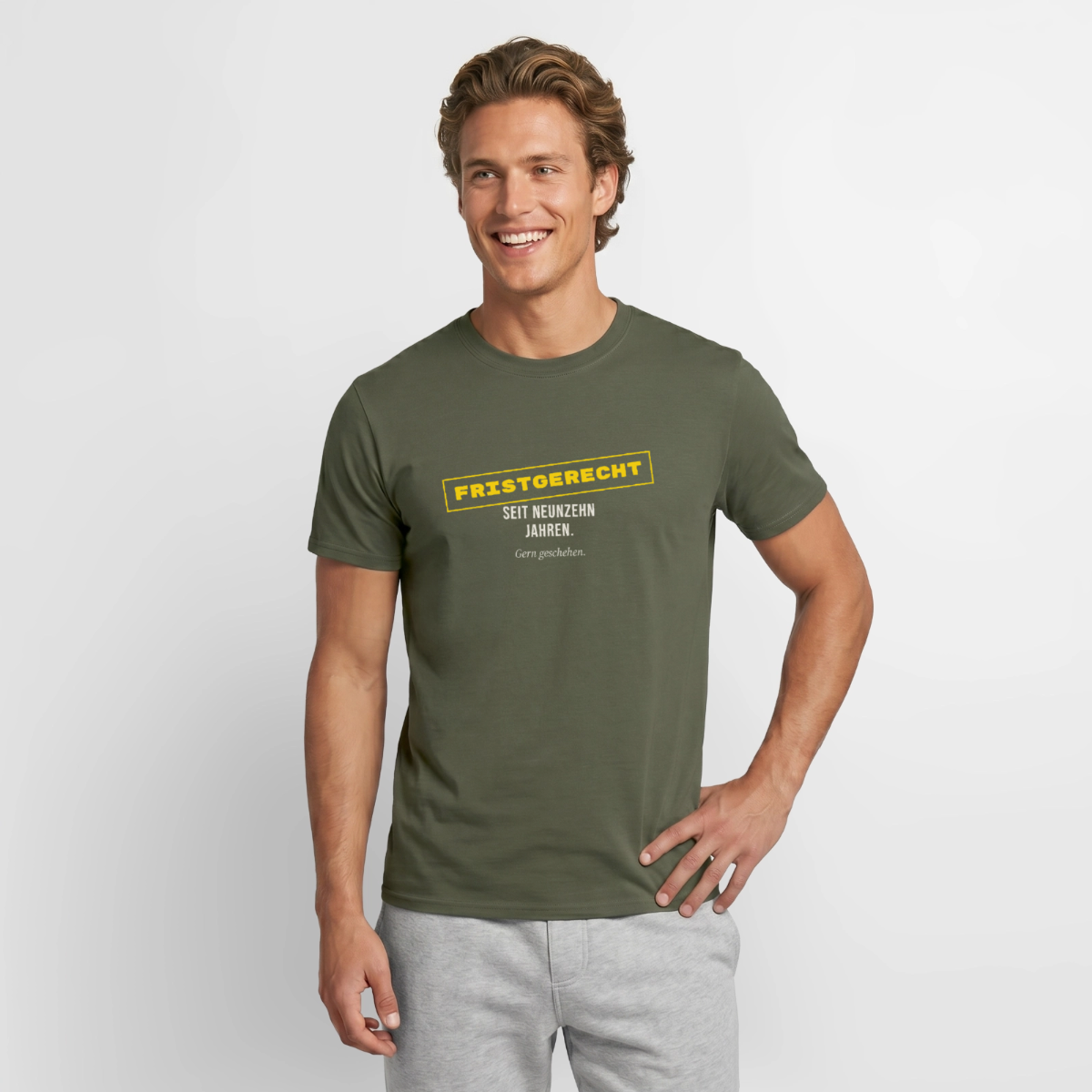"Fristgerecht seit neunzehn Jahren. Gern geschehen." Motiv-T-Shirt für Männer, Farbe Militärgrün