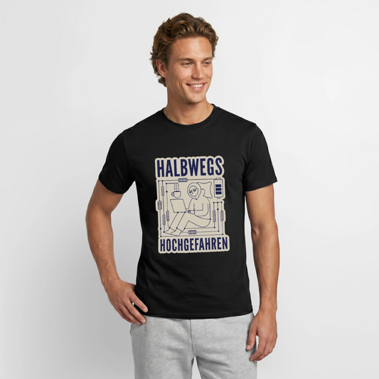 Halbwegs hochgefahren. Motiv-T-Shirt für Männer, Farbe Schwarz, Model