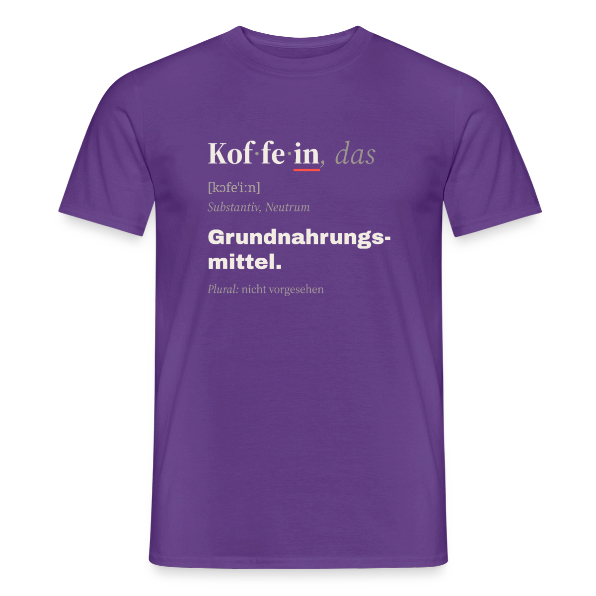 "Koffein, das: Grundnahrungsmittel." Motiv-T-Shirt für Männer, Farbe Lila