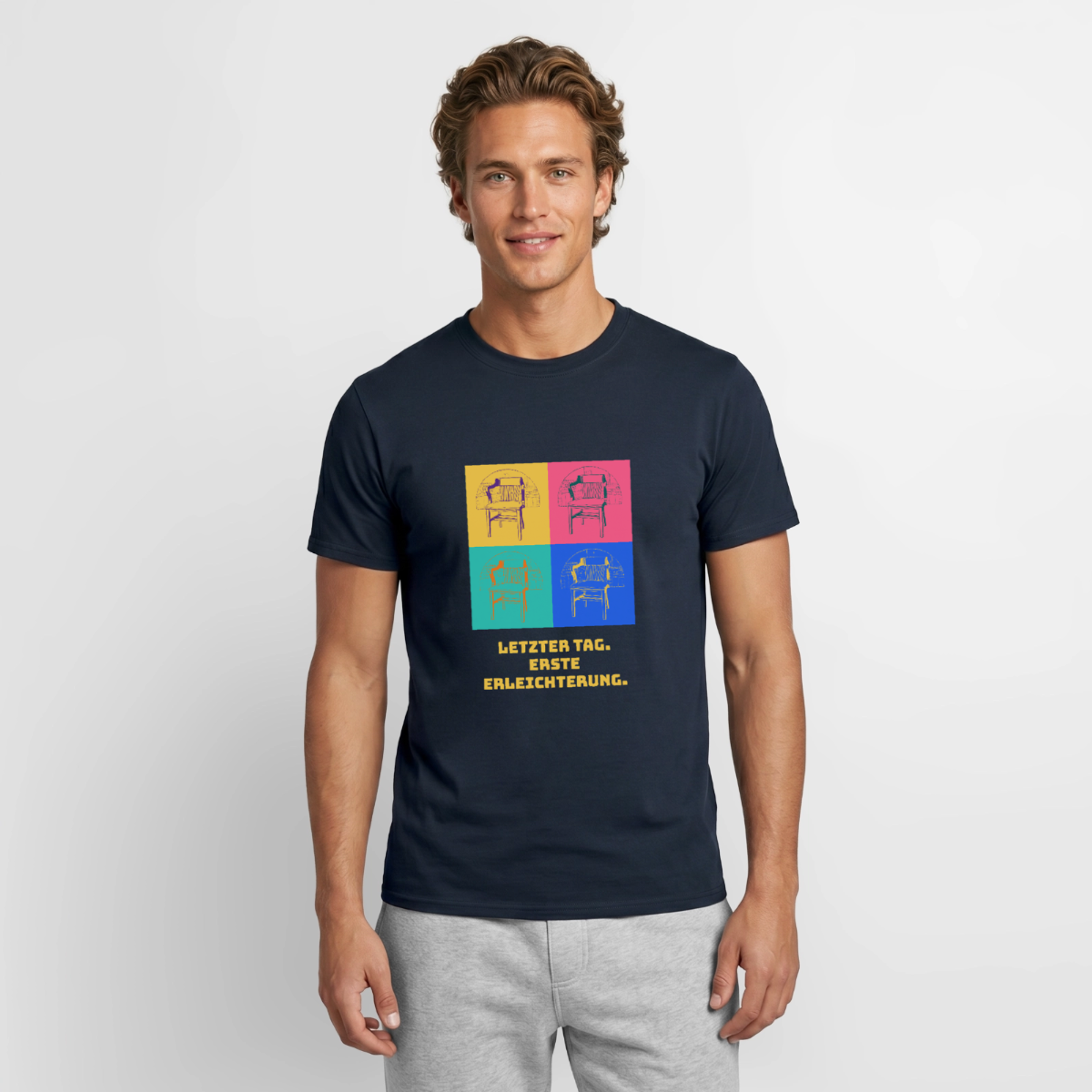 "Letzter Tag. Erste Erleichterung. Popart-Motiv" Motiv-T-Shirt für Männer, Farbe Navy