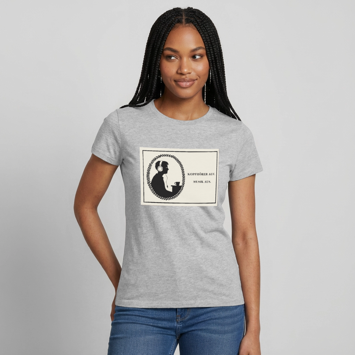 Kopfhörer auf. Musik aus. Motiv-T-Shirt für Frauen, Farbe Grau meliert, Model