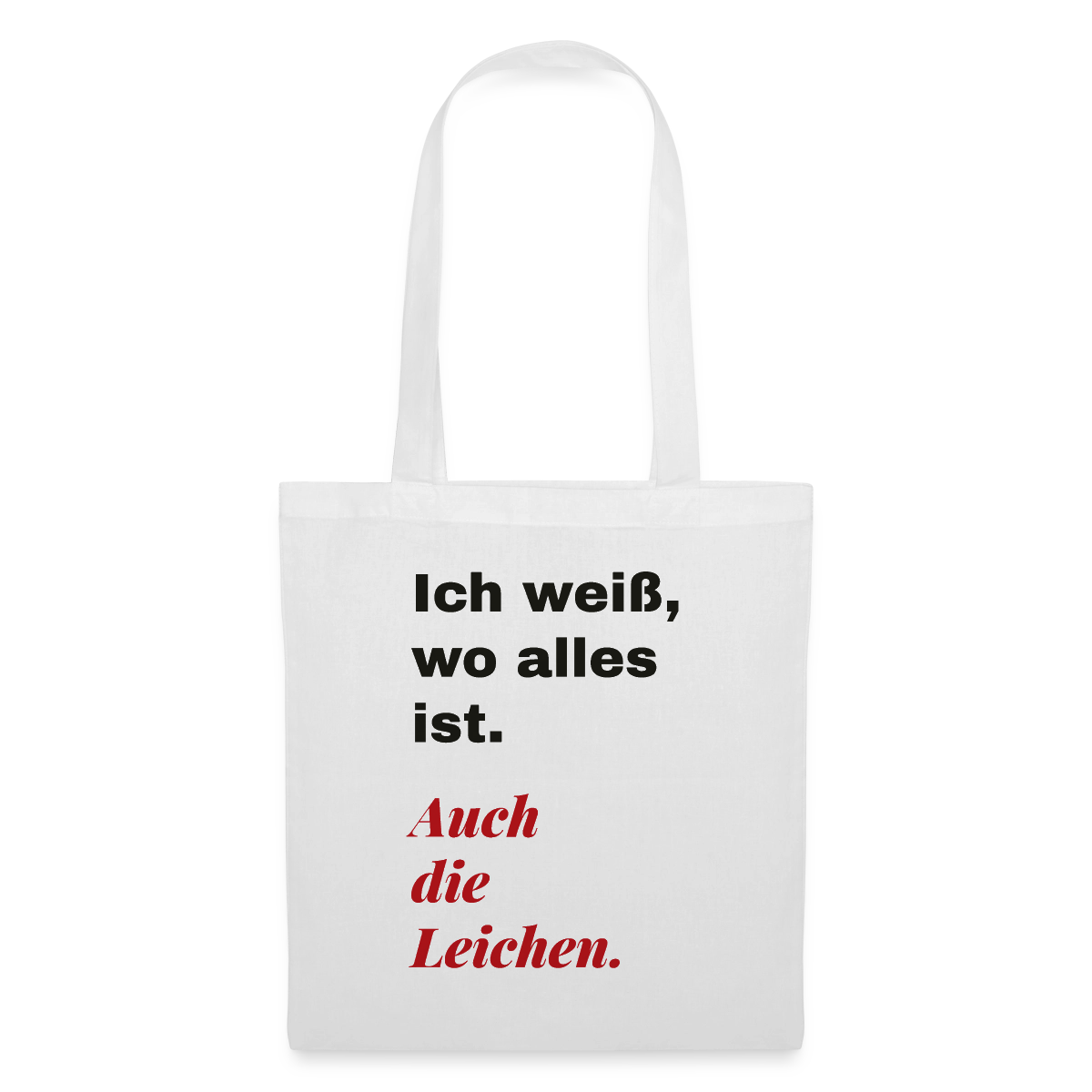 Ich weiß, wo alles ist. Auch die Leichen. Stoffbeutel, Farbe Weiß
