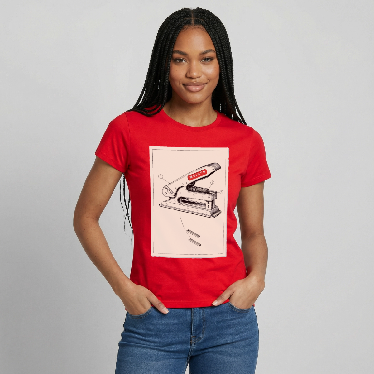 Meiner. Der Tacker kommt mit. Motiv-T-Shirt für Frauen, Farbe Rot, Model