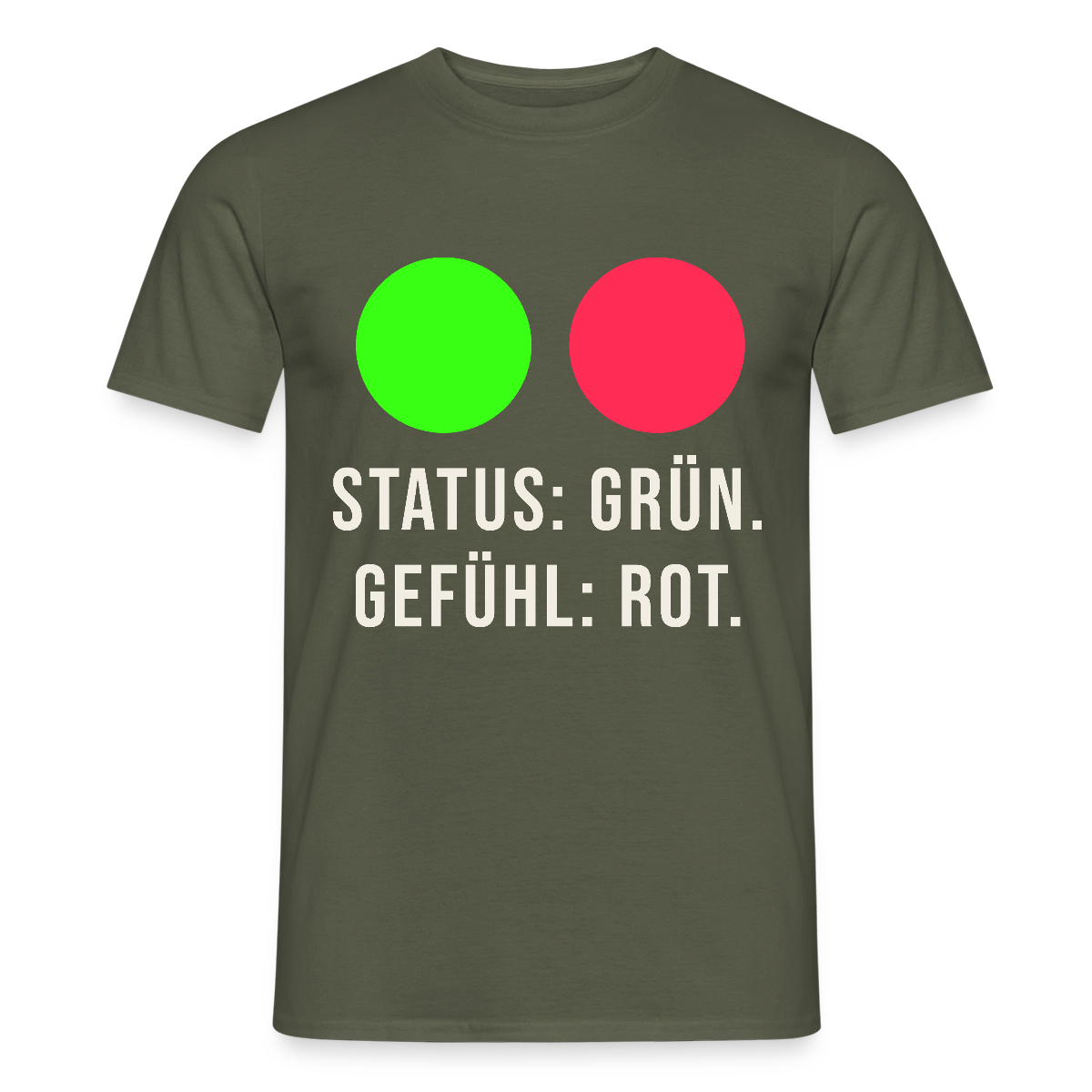 Status: grün. Gefühl: rot. Motiv-T-Shirt für Männer, Farbe Militärgrün