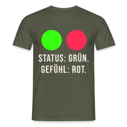 Status: grün. Gefühl: rot. Motiv-T-Shirt für Männer, Farbe Militärgrün