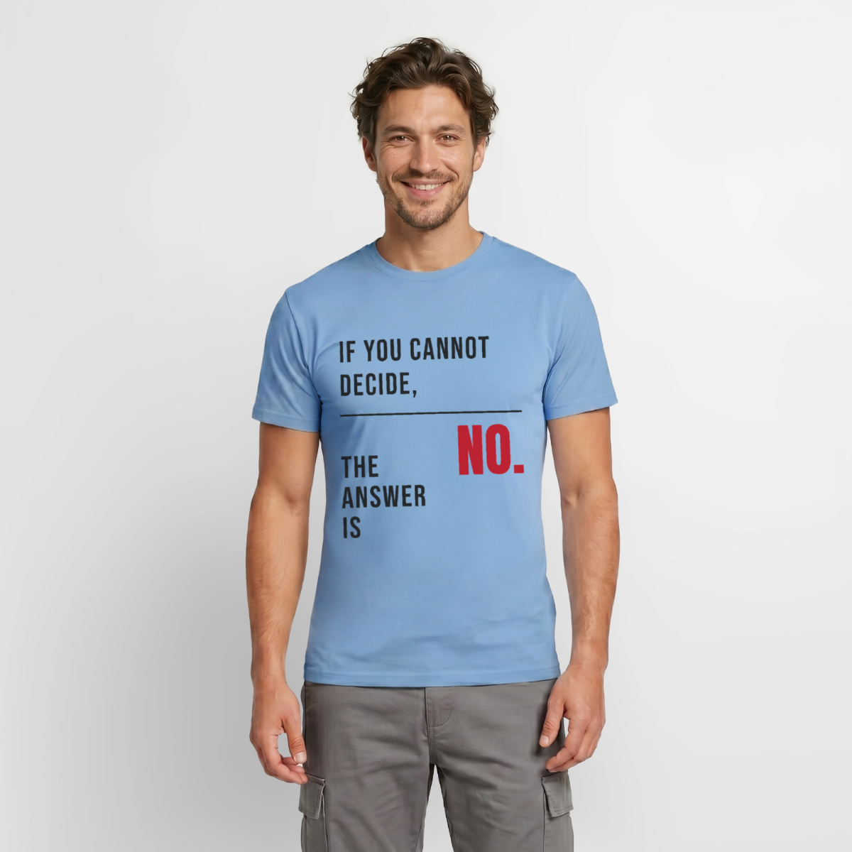 If you cannot decide, the answer is no. Motiv-T-Shirt für Männer, Farbe Carolina Blue, Model