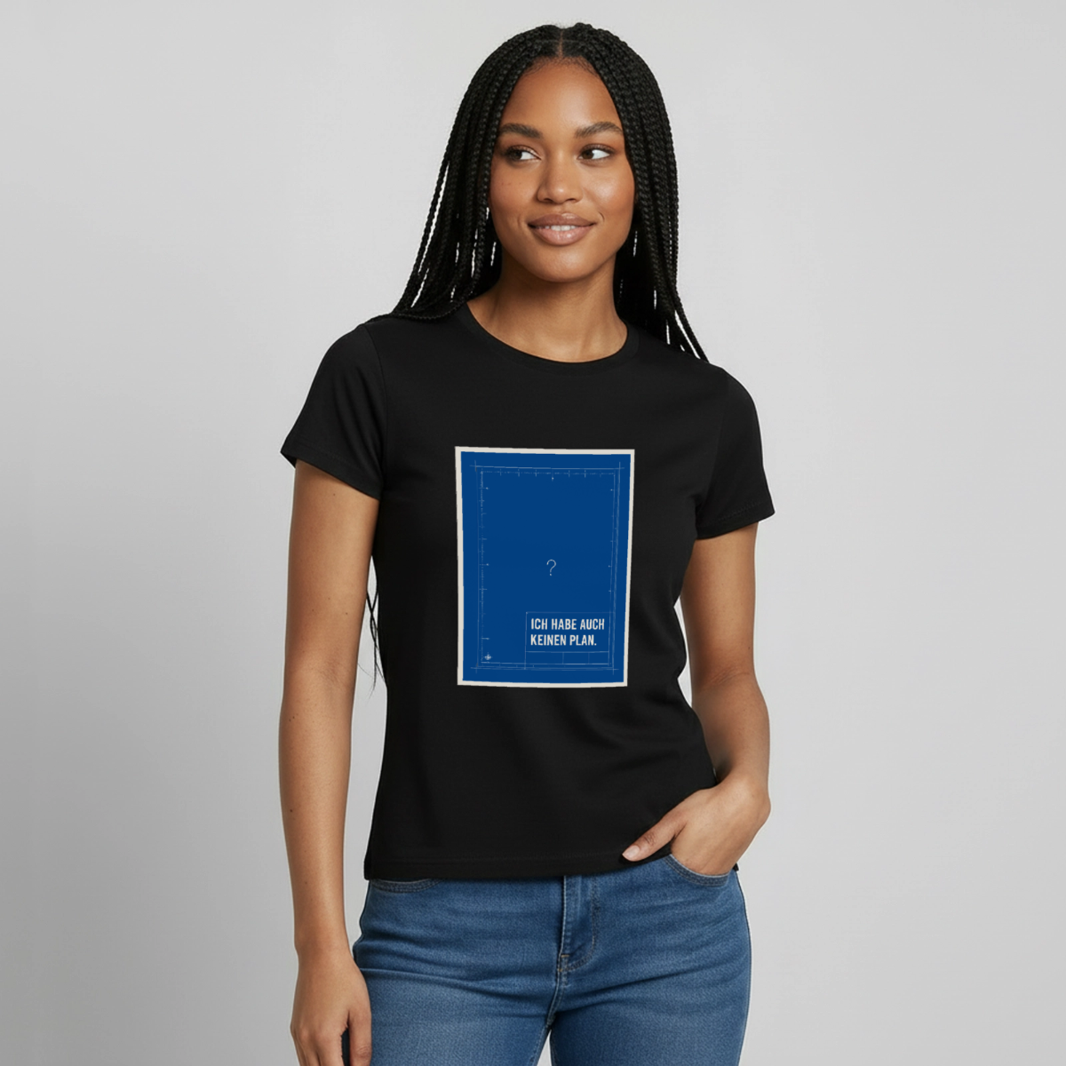 Ich habe auch keinen Plan. Motiv-T-Shirt für Frauen, Farbe Schwarz, Model